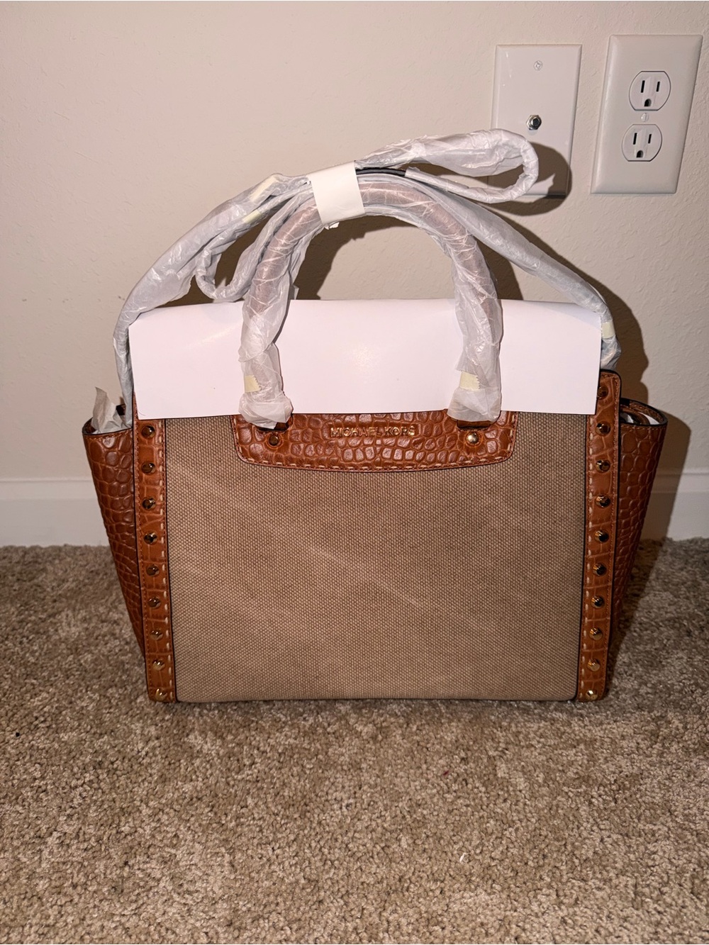 Michael Kors Brown Canvas Satchel with Croc-Trim